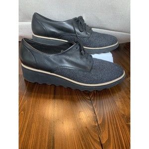 Clarks Sharon Noel Wedge Oxford Shoes Combo Black Leather/Fabric Us Sz 11